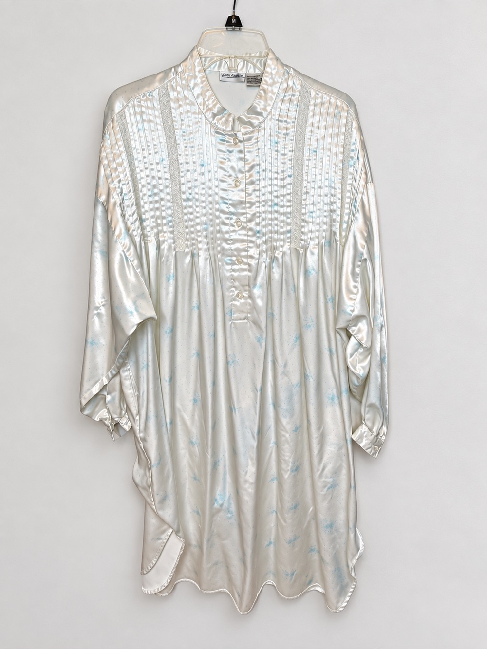 Vintage Laura Adams Satin Nightgown M Ivory Blue Floral Pintuck Lace Long Sleeve